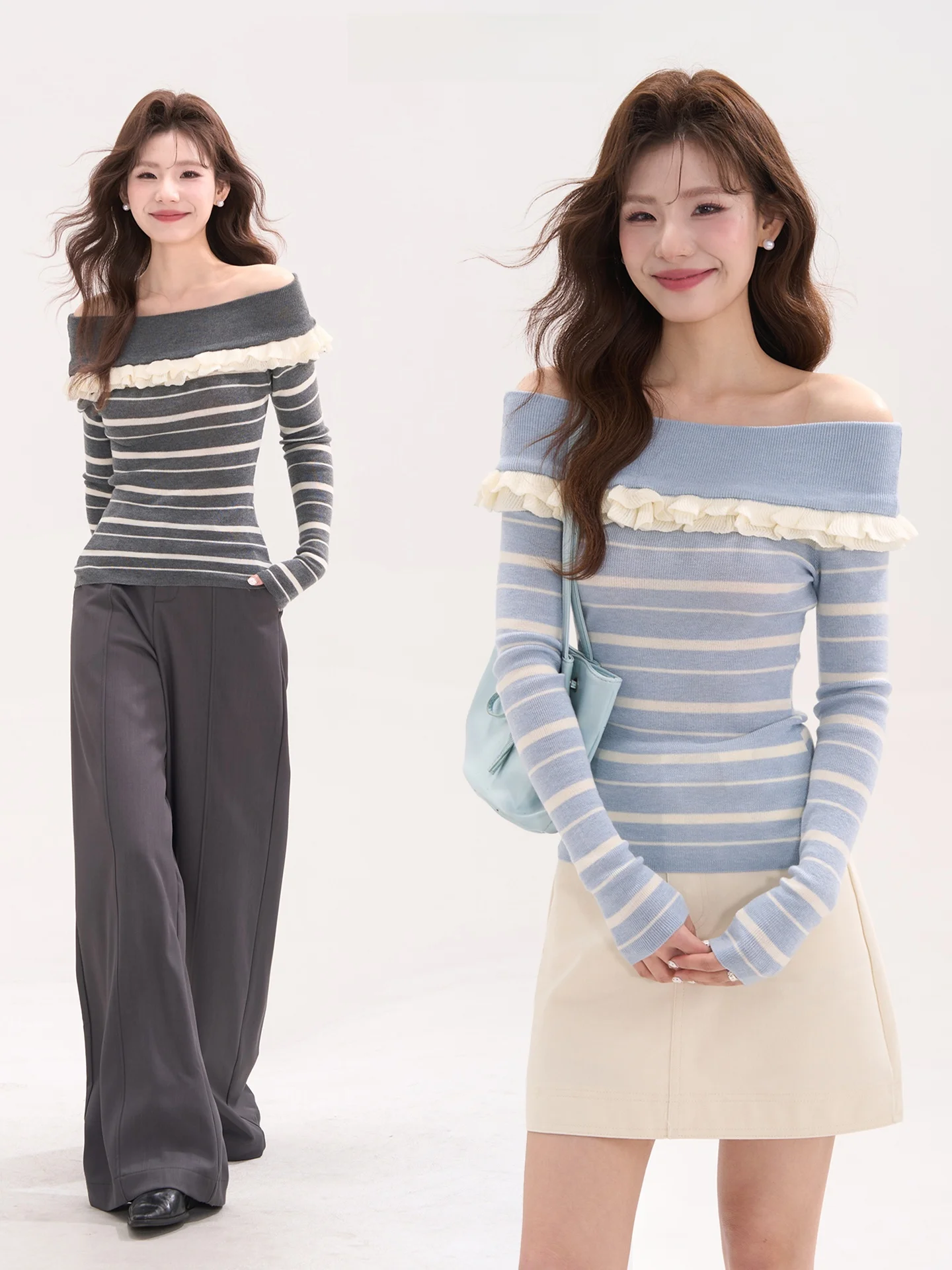 

Heme 0 Wool Earlet Lace Trim One oulder Stripe Long Sve Knitted Top Women Spring Faion Soft Fit Sle Polyester Blend