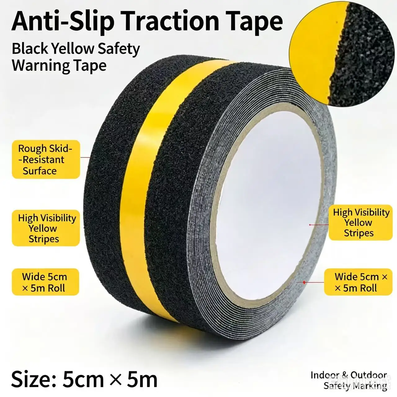 5M Anti Slip Tape with Reflective Stripe,Premium Grip Tape Non Slip Stair Treads Tape,Non Skid Tape, Black/Yellow
