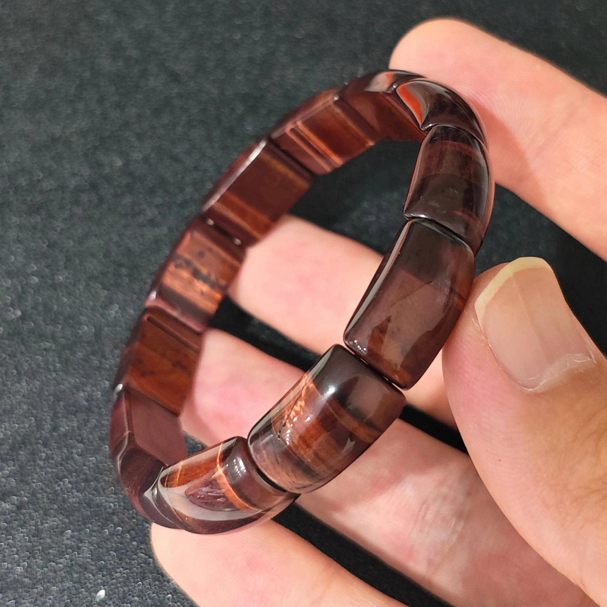 Red Tiger's Eye Bracelet 16mm Dome Segment Bangle Curved Oval Block Mahogany Gemstone Stretch Color Enhanced Gift 16-22cm