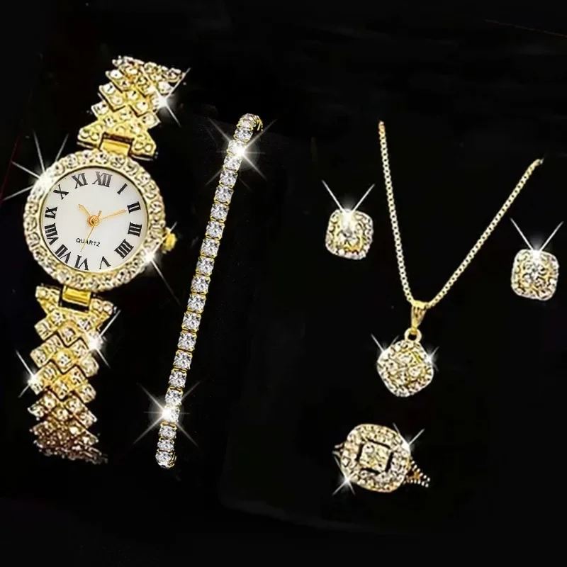 5PCS Set Watch Women Ring Necklace Earrings Rhinestone Fashion Wristwatch Female Casual Ladies Watches Bracelet Set Clock