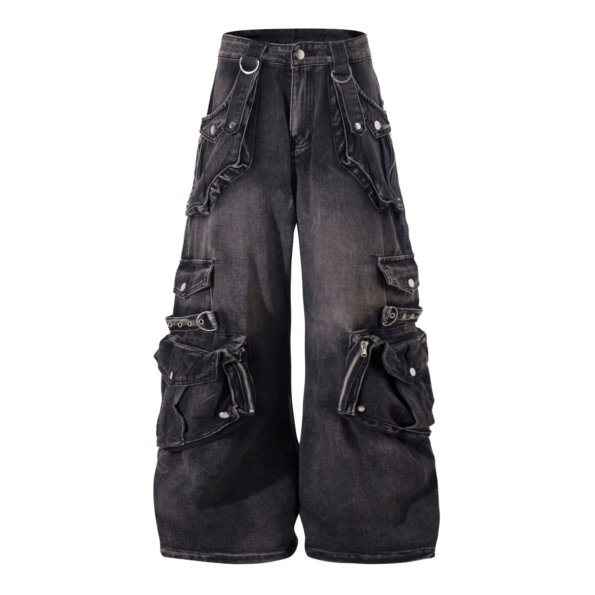 Men's Fashion Vibe Style Hip Hop Cargo Jeans Pants With Multi Pockets High Street Loose Fit Y2K Denim Trousers Wide Leg