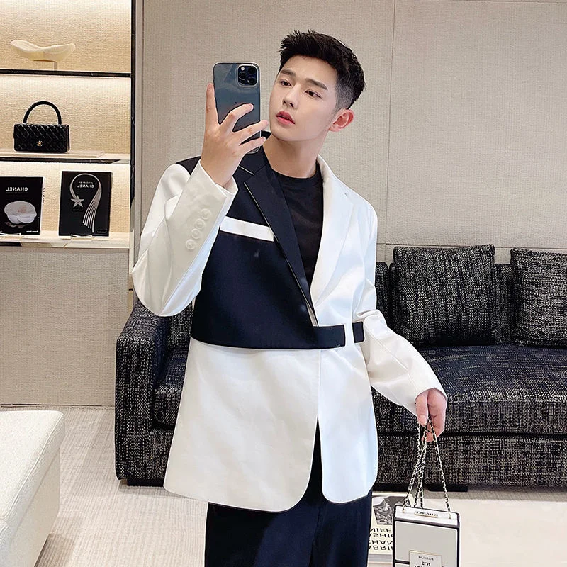 Luxury Light Design Men\'s Suit Jacket 2022 Spring Korean Personalized Color Block Patchwork Oversized Blazer Blet 2Y2230