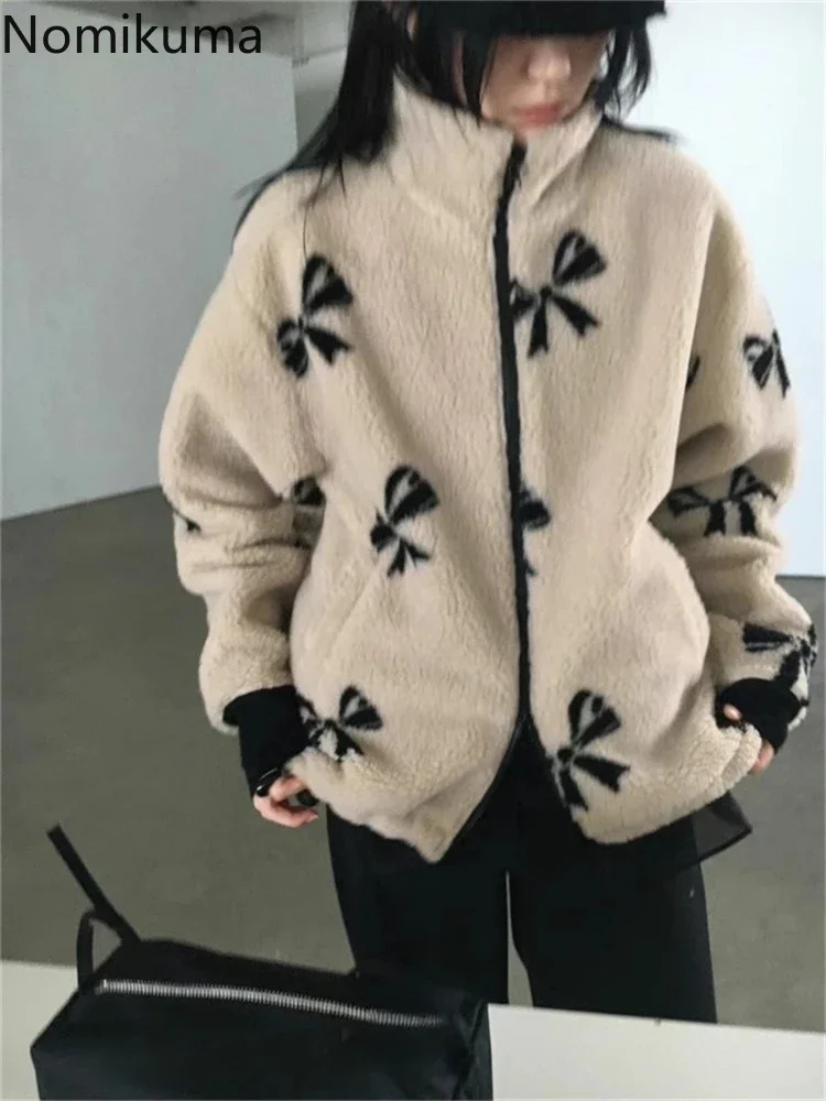 Streetwear Chic Lamb Wool Jacket Women Winter Clothing Stand Neck Zipper Outwear Y2k Tops Korean Fashion Print Casual Warm Coats