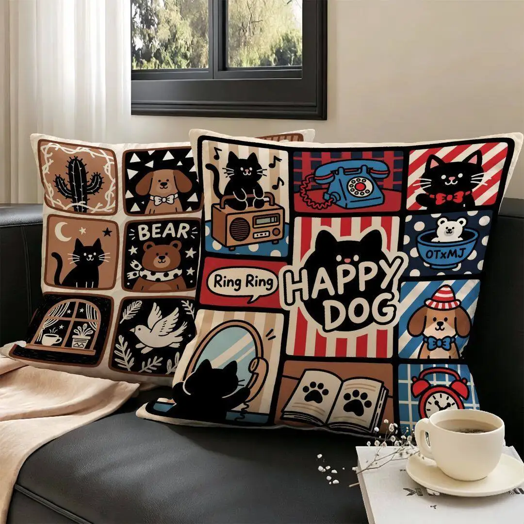 Cartoon Patchwork Fun Abstract Cat Pillow Cover Dopamine Sofa Cushion Kitten Design for Living Room Dormitory Decor
