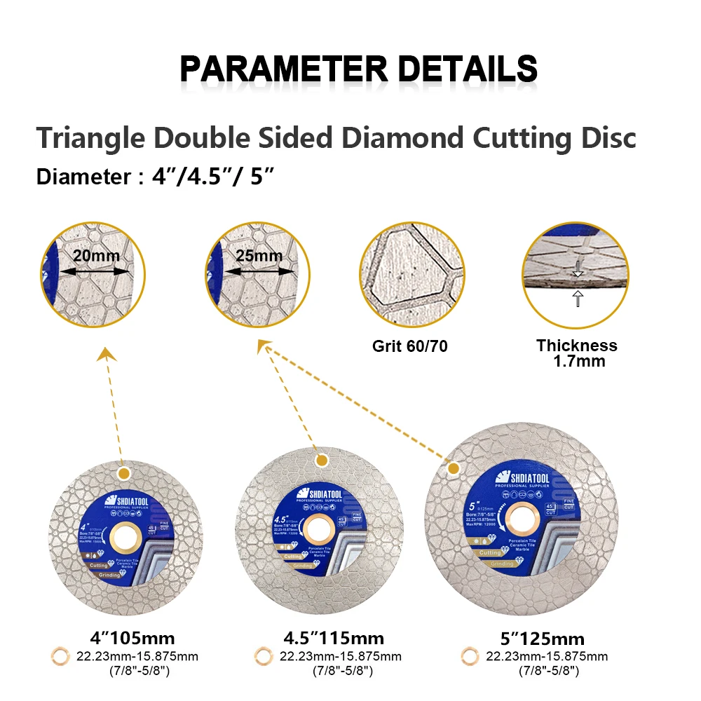 SHDIATOadvocate-Disque à tronçonner diamant double face, lame de scie triangulaire, carreaux de céramique, porcelaine, marbre, 105mm, 115mm, 125mm