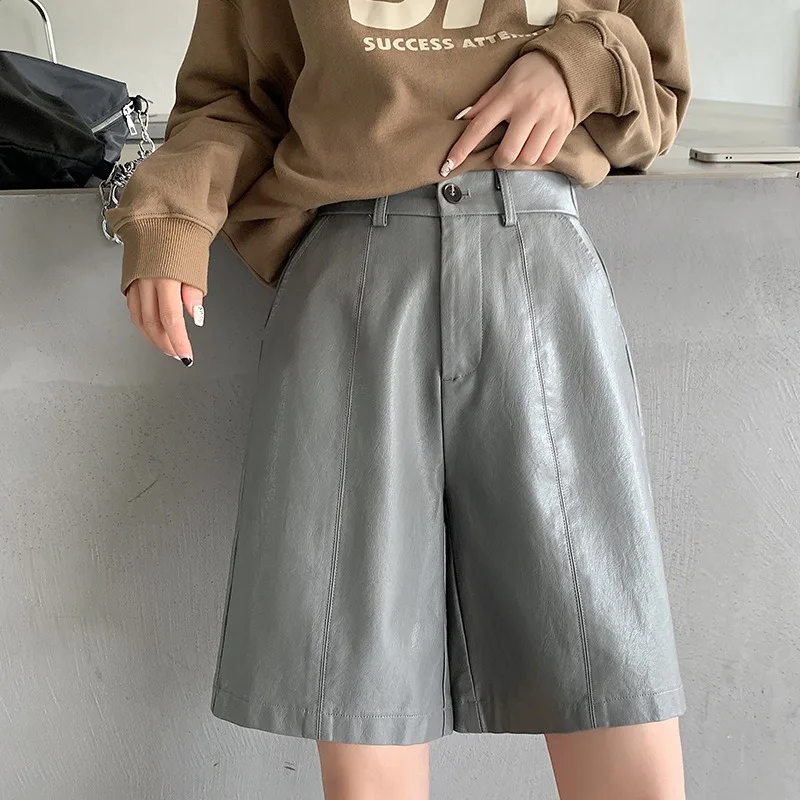 

Korean Fashion 2025 Autumn Women's PU Leather Shorts High Waist Wide Leg Five Leg Pants Loose Straight Middle Pants