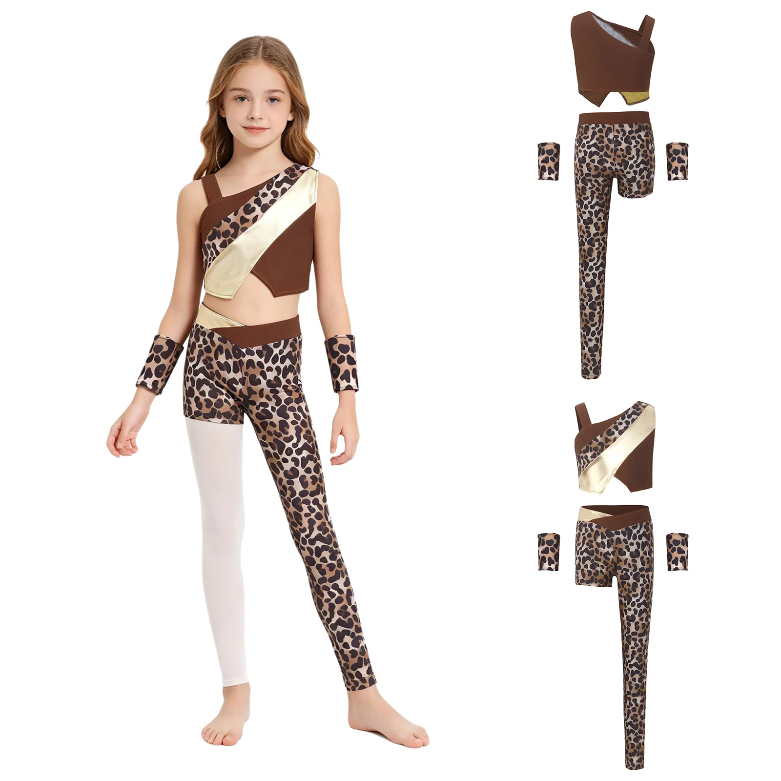 

Kids Girls Cavegirl Costume Cosplay Outfits Sleeveless Crop Top with Oversleeves and Asymmetrical Pants Suit Characters Dress Up