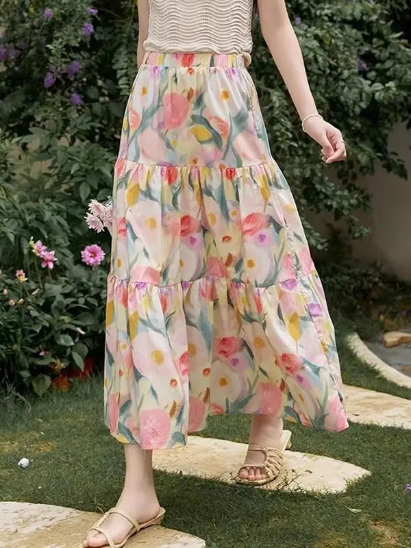 Chic Sweet Vacation Style Colorful Oil Painting Printed Skirts Spring Summer Romantic Floral Versatile Skirt Sweet Fashion Women