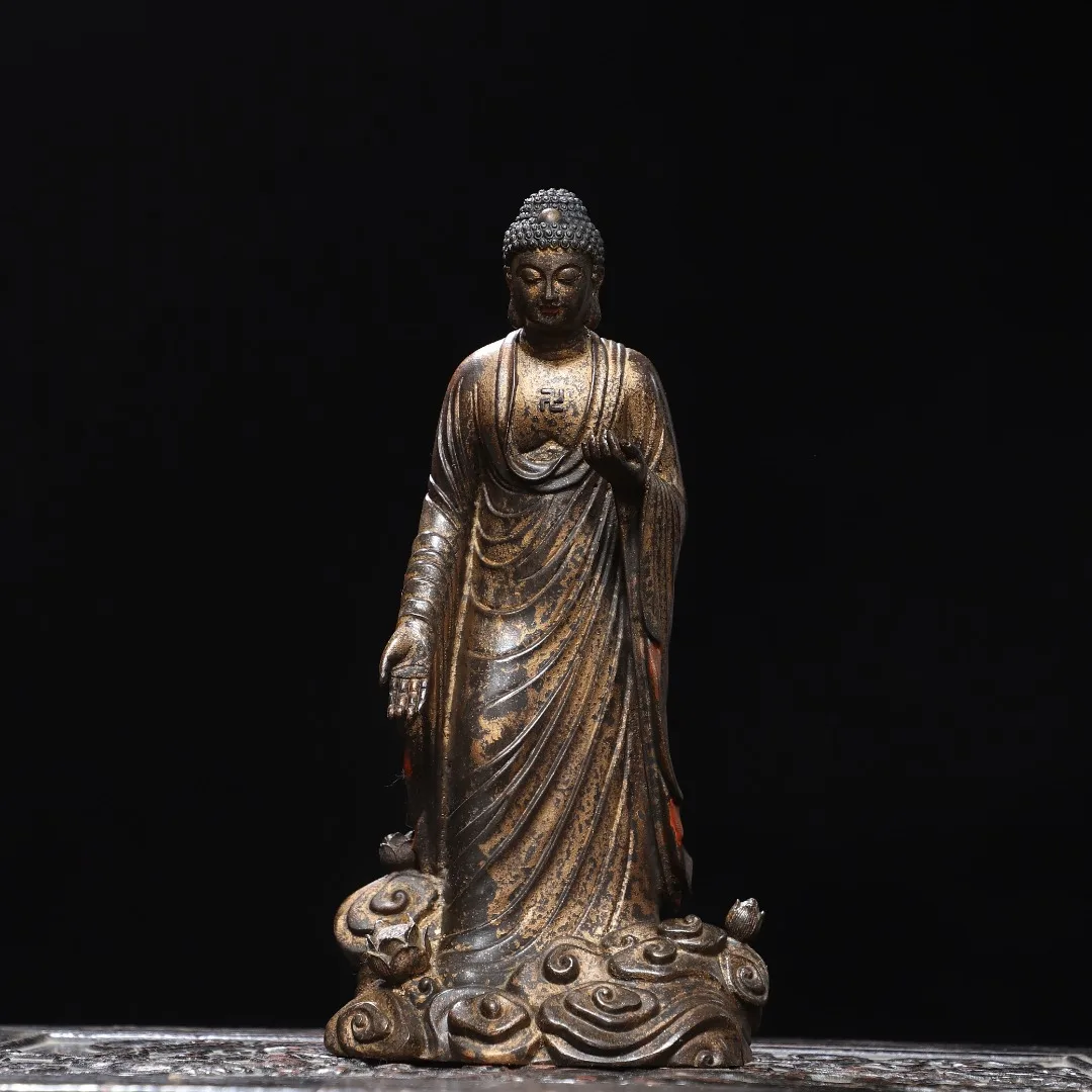 Old copper Qing Dyansty copper ride on the clouds and mist Buddha Statue, Free shipping