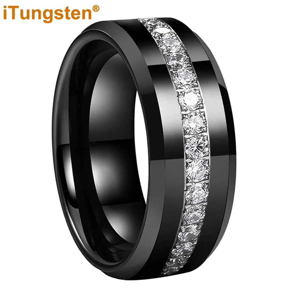 iTungsten 8mm Cubic Zirconia Stone All Around Ring Tungsten Fashion Engagement Wedding Band for Men Women Polish Shiny