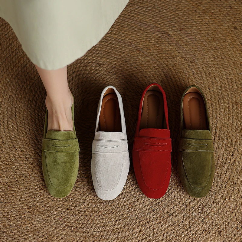 2026 new spring autumn women pumps natural leather 22-25cm kid suede+pigskin round toe low heel loafers women shoes fashion
