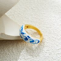 Fashion Blue and White Enamel Flower Round Dome Rings for Women Geometric Circle Chunky Finger Ring Trendy Jewelry Gifts
