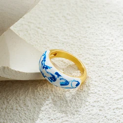 Fashion Blue and White Enamel Flower Round Dome Rings for Women Geometric Circle Chunky Finger Ring Trendy Jewelry Gifts