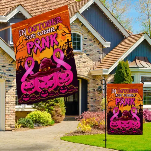 In October We Wear Pink Breast Cancer Pumpkins Halloween Garden Flag