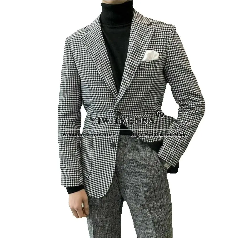 

Tweed Wool Men Single Breasted Suits Classic Houndstooth Jacket Pants 2 Pieces Business Dinner Party Groom Wedding Tuxedos 2025
