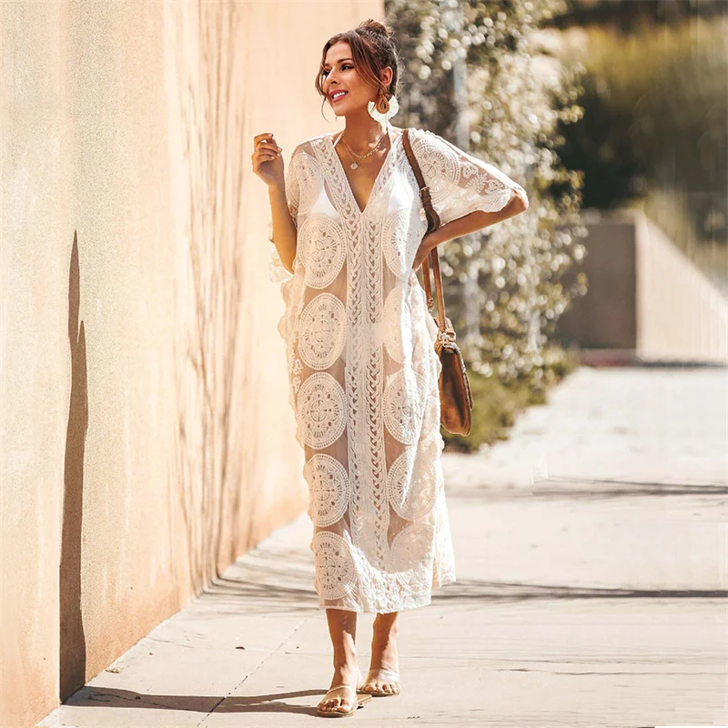 Vestido largo de encaje Sexy para Mujer, vestidos largos de transporte de verano, traje de baño de malla Beige para cubrir la playa, ropa de playa para Mujer en la playa