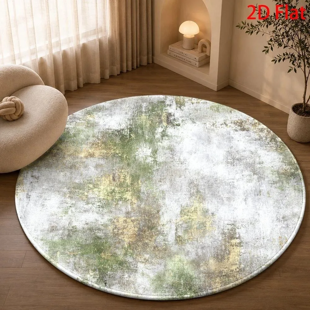 Modern Abstract Brushstroke Round Carpet Navy Blue Grey White Paint Splash Textured Print Circular Floor Rug for Living Room