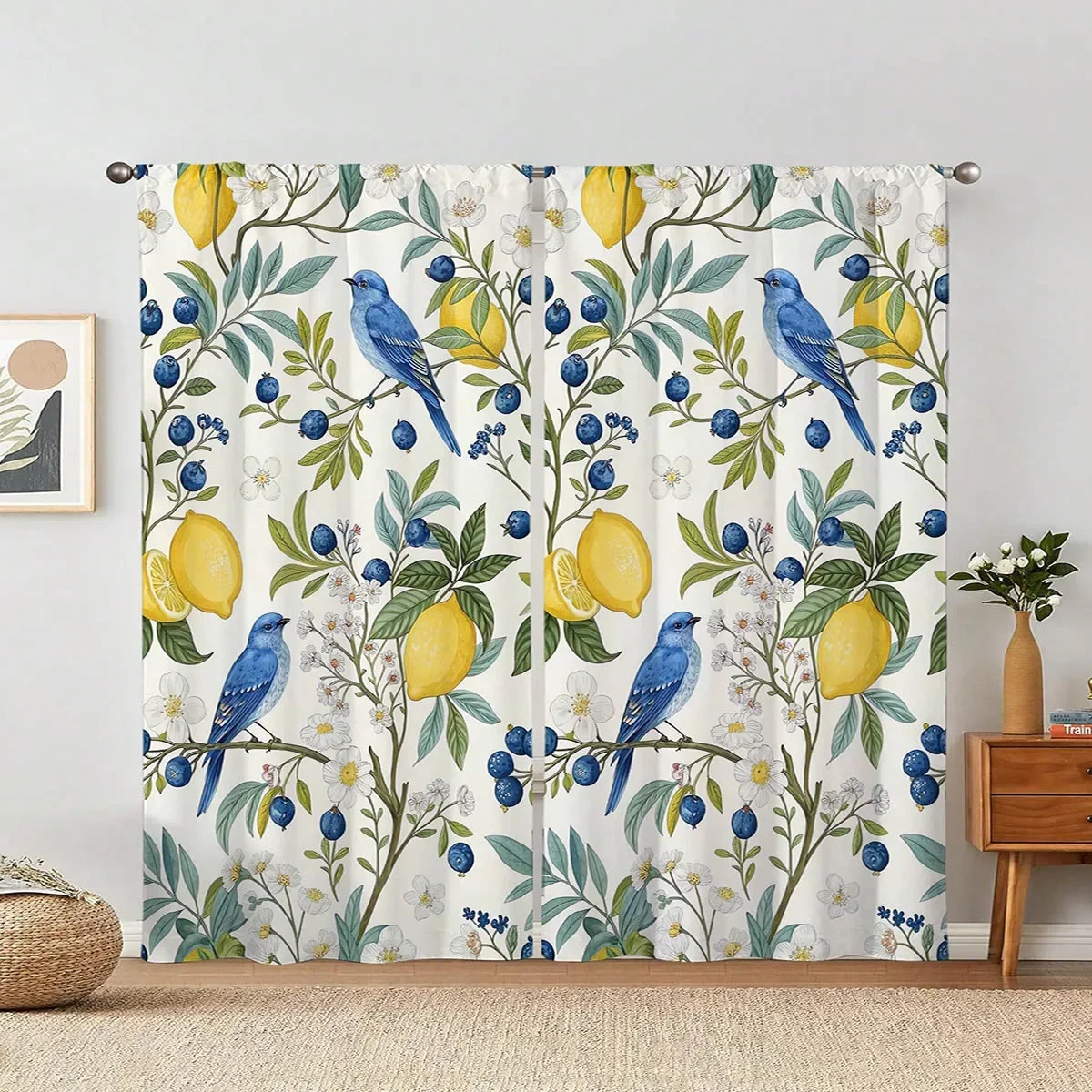 Watercolor Bird and Lemon Print Curtains for Living Room Window Home Decor Light Filtering Panels