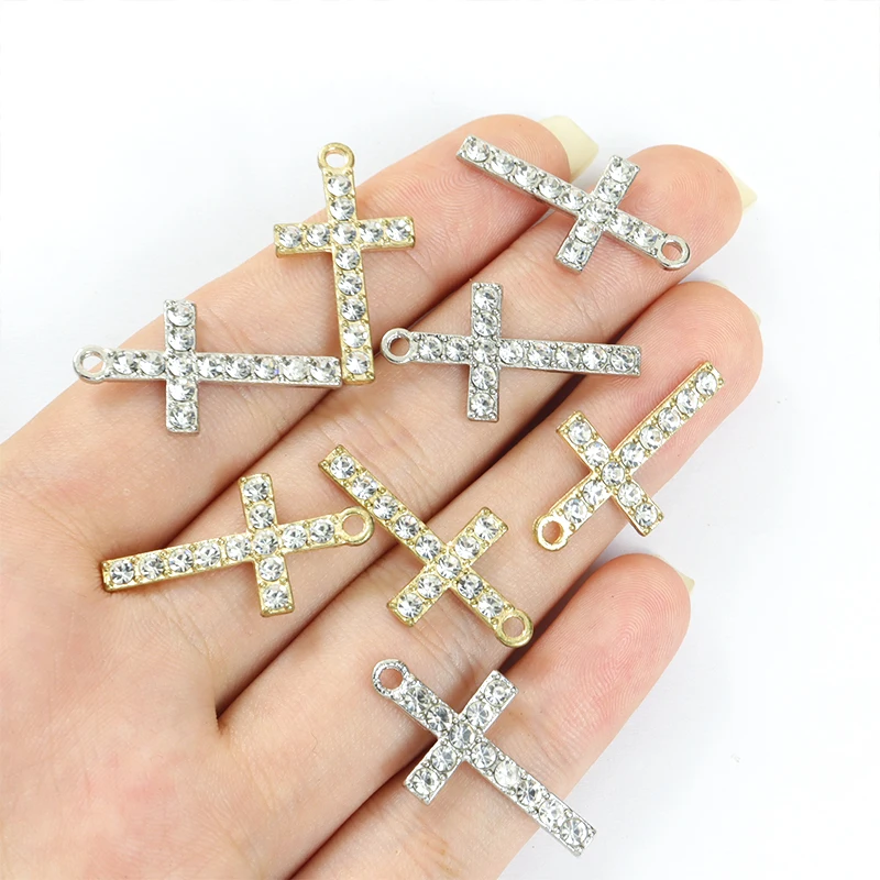 10pcs Glaring Crystal Cross Charm Catholic Belief Jesus Crucifix Alloy Pendant DIY Necklace Earring Keychain Jewelry Accessories