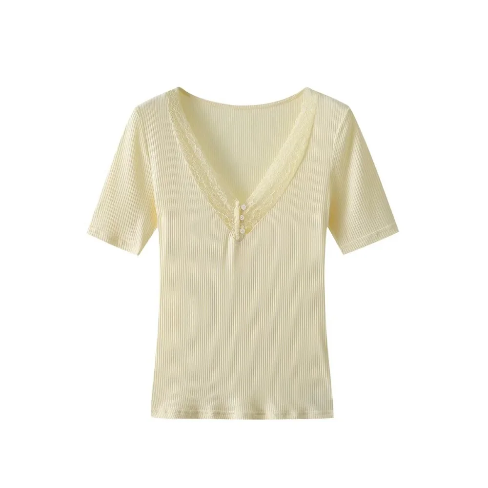 

Lace Short Sleeve T-shirt Women Summer Knitwear V-neck Solid Corset Stylish Women's Shirts Casual Pulovers Top Female