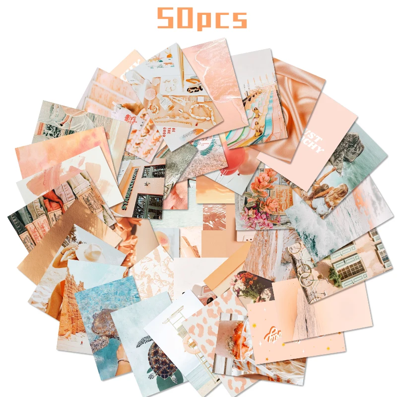 50Pcs Peach Beach Collage Card Set Pink Peach Cardstock Wall Collage Posters Home Decor for Bedroom Dormitory Apartment Studio