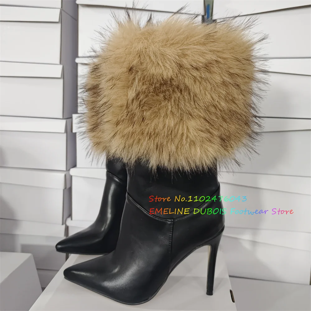 

Fur Decor Pointed Toe Black Leather Mid Calf Boots Women Sexy Stiletto Heel Winter Warm Short Boot Ladies Designer Brand Shoes