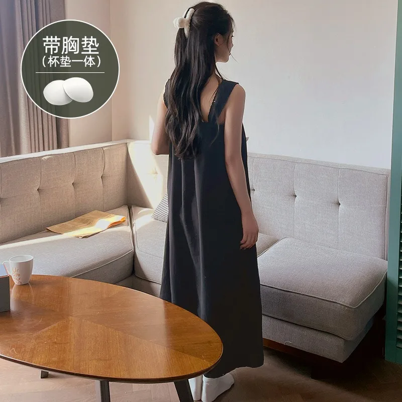 Vestido largo con tirantes coreanos de talla grande 3XL, pijamas holgados y dulces para mujer coreana con almohadilla en el pecho, ropa de dormir de casa lisa hasta el tobillo