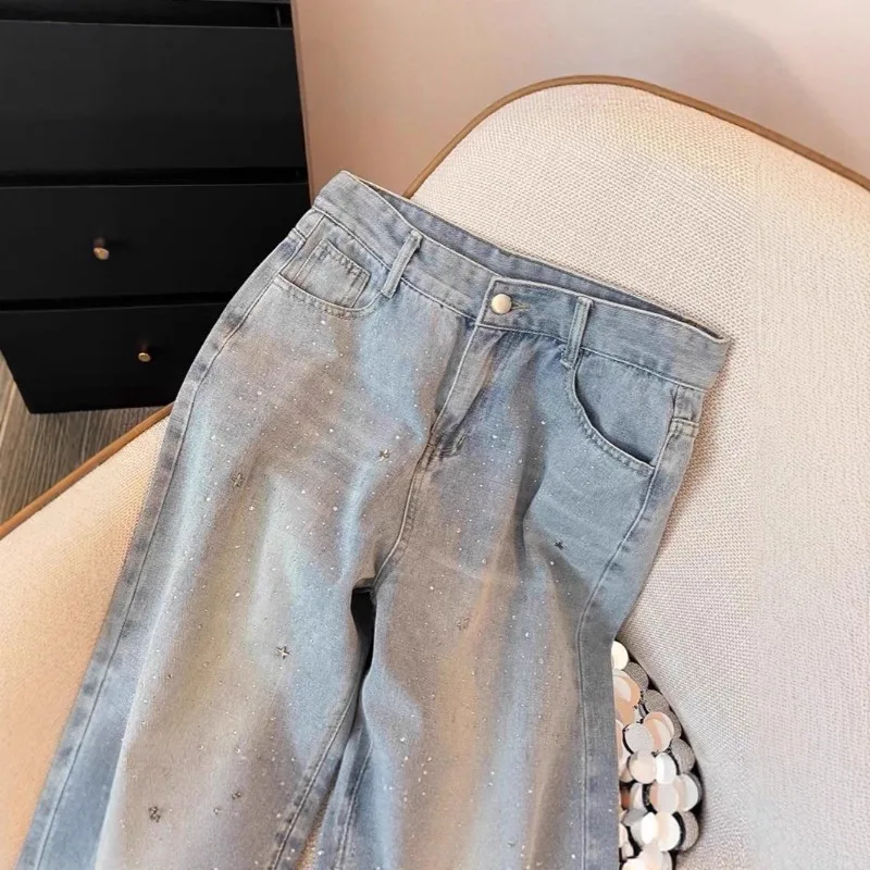 2025 calças jeans resistentes de verão feminino – cintura alta luz lavagem estrela strass, calças retas de perna larga drapeadas emagrecimento