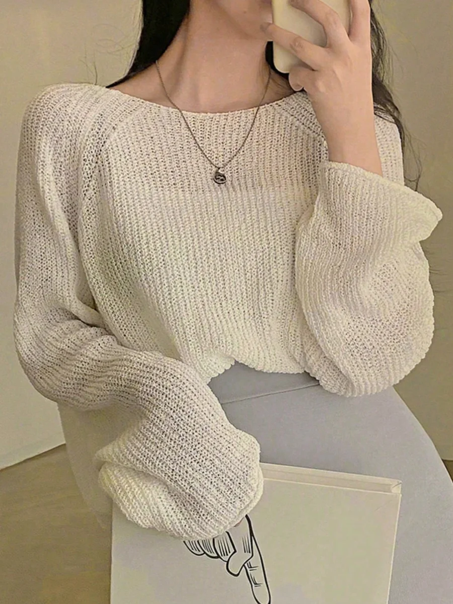 느슨한 긴 소매 라운드 넥 니트 스웨터 솔리드 컬러 여성 패션 봄 여름 동대 게이트 스타일 다목적 기본 탑