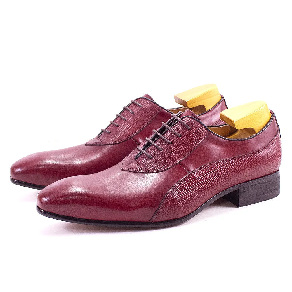 Luxury Men Shoe Genuine Leather Lace Up Fashion Oxford Pointed Toe Office Dress Wedding Black Red  Formal Business Men\'s Shoes