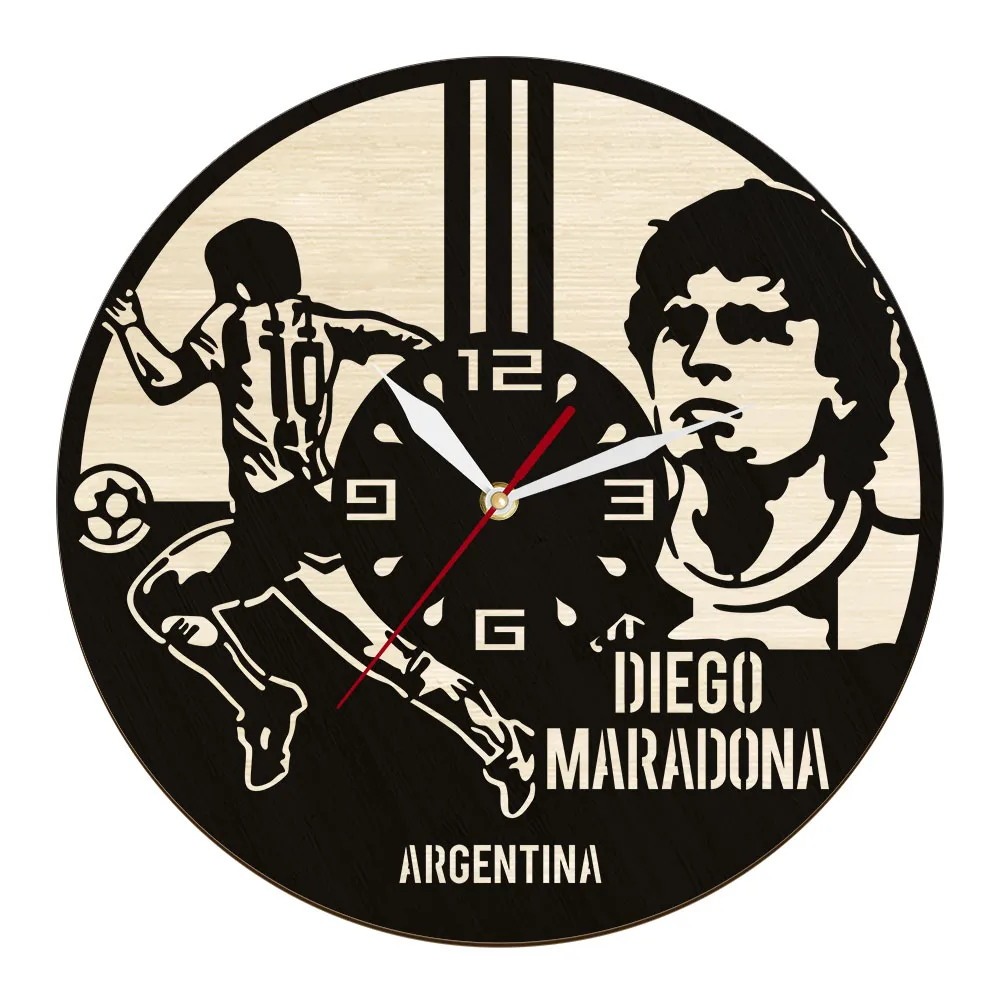 

Argentina Football Legend Laser Cut Wooden Wall Clock For Football Fans Bedroom The Great Soccer Player Silent Quartz Wall Watch