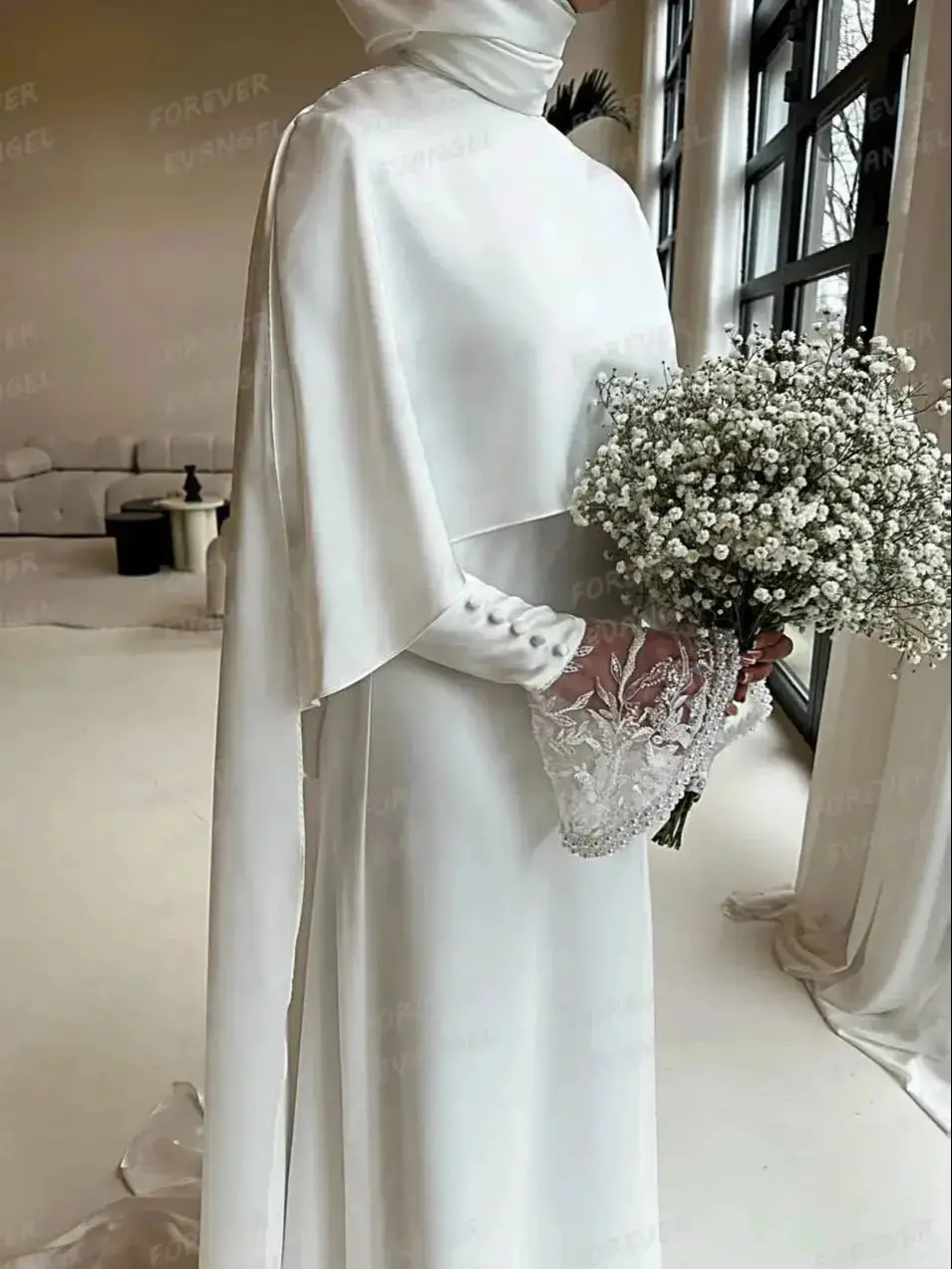 Eenvoudige trouwjurken Elegant A-lijn Sjaal Formele bruidsjurken met lange mouwen voor dames Sweep Trein Satijn Op maat gemaakt vestido de novia - afbeelding 2