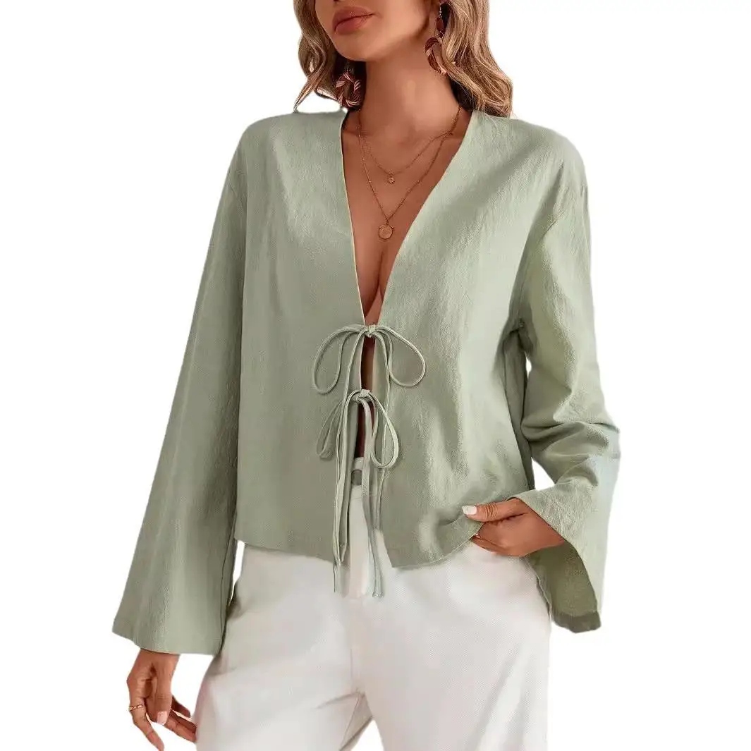 

Women's Lace up Long Sve irt Hollow out Simple Sle Cotton 00% Loose Fit Mid-Year Women's Single Piece Pure Color