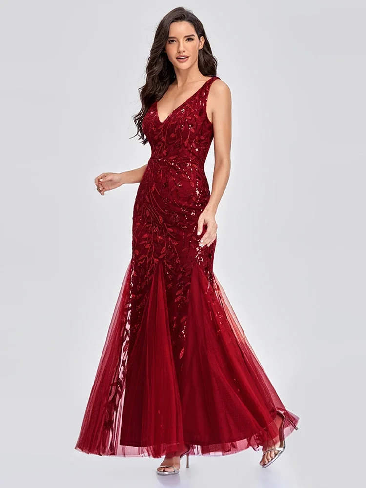 Tecido frisado bordado sem mangas Ballgown, Decote em v, Elegante vestido sereia, Vestido de festa formal, Abiti Da Sera Robe