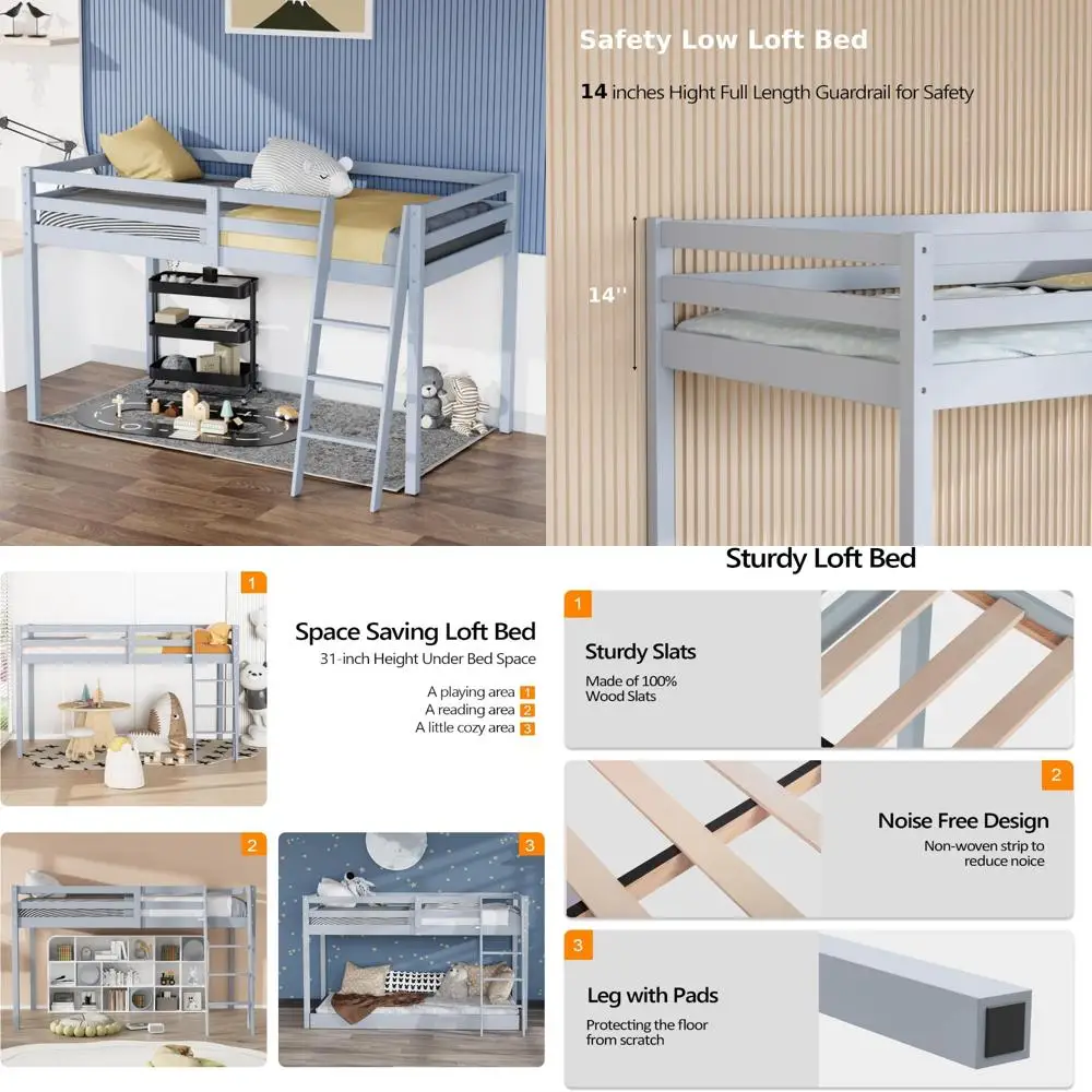 Twin Size Wood Loft Bed with Stairs for Adults, Kids, and Teens - No Box Spring Needed, Junior Low Loft Bed 47 Inches Tall