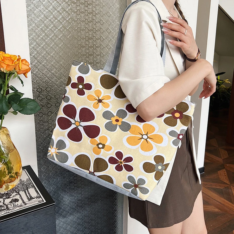 Bolso de mano de lona con estampado fresco para mujer, bolso de hombro de compras de gran capacidad