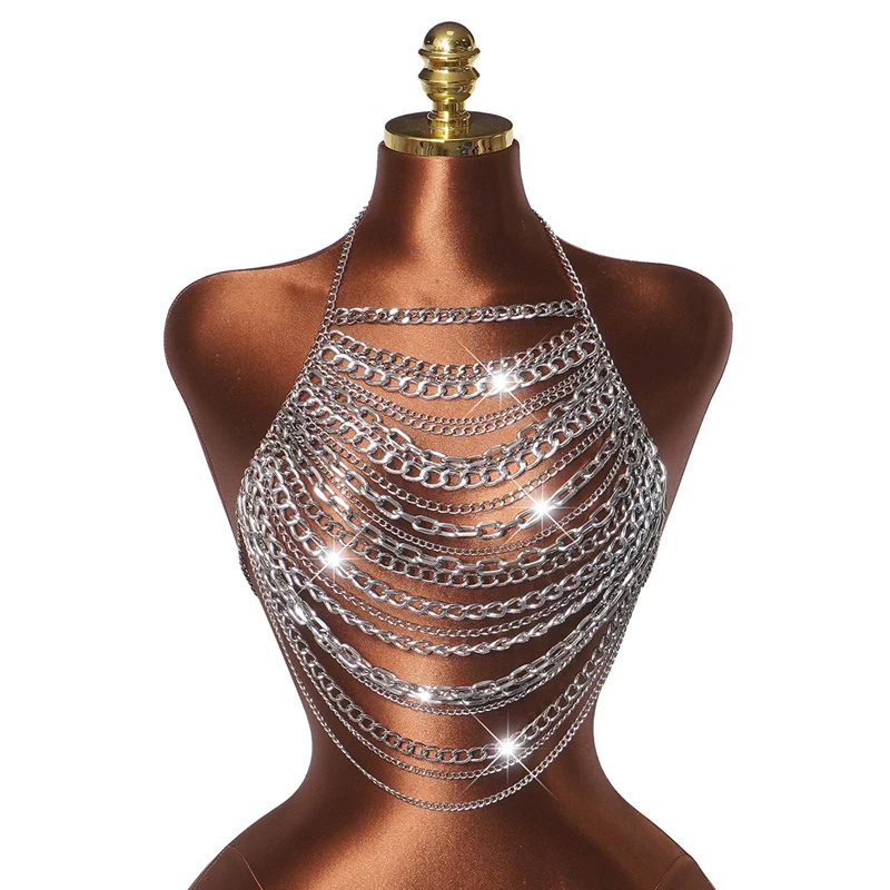 Hochwertiges Damen Y2K Mehrschichtiges Metall-Halfter-Bodychain-Crop-Top in Silber, Sexy für Halloween, Festival, Nachtclub, Party Ropa+Mujer – Detail 4