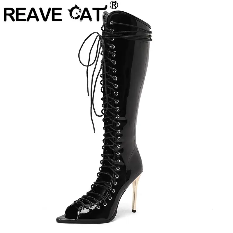 reave-cat-stivali-neri-sexy-da-donna-al-ginocchio-con-punta-aperta-tacco-a-spillo-11cm-allacciati-lucidi-per-appuntamenti-e-feste-calzature-artigianali