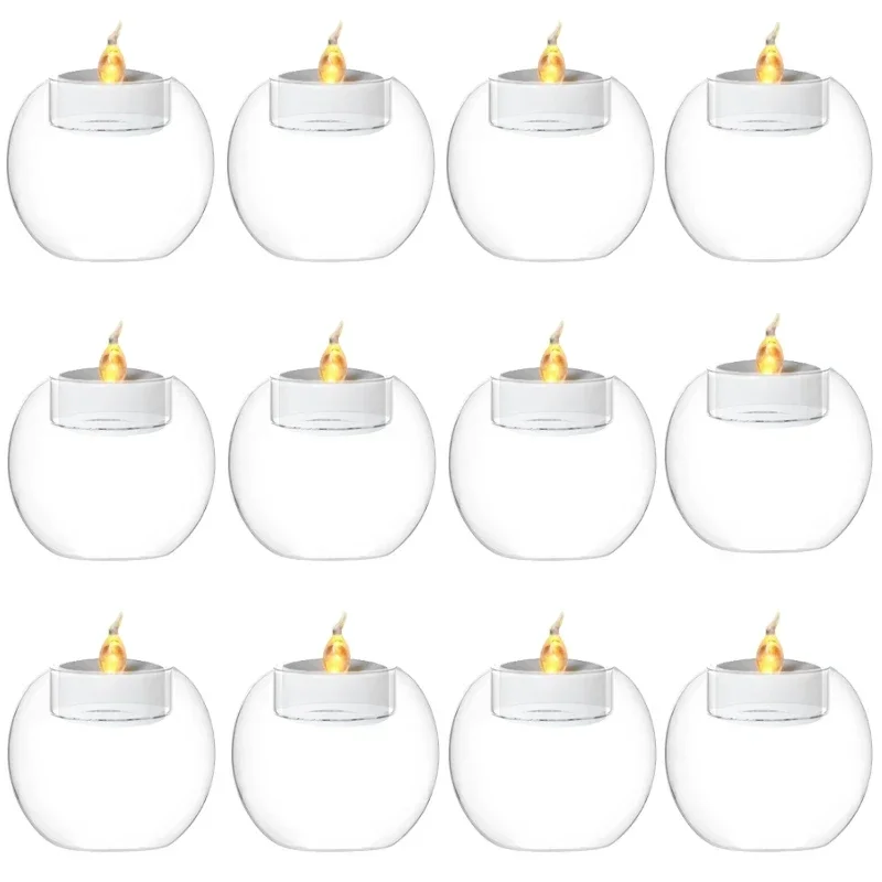 6/12Pcs Transparent Glass Candle Holder with LED Candles for Dining Home Table Centerpieces Valentine's Day Halloween