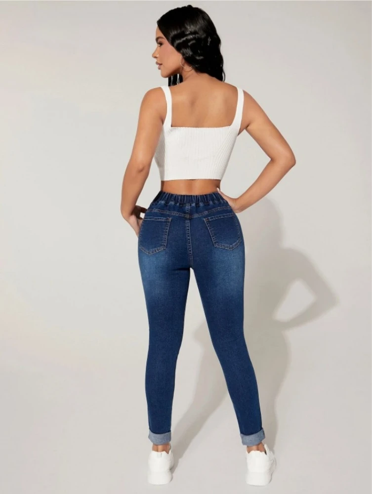 2023 Autumn and Winter Women\'s High Stretch Elastic Waist Drawstring Jeans Fashion Skinny Slim Ankle-Length Denim Pencil Pants