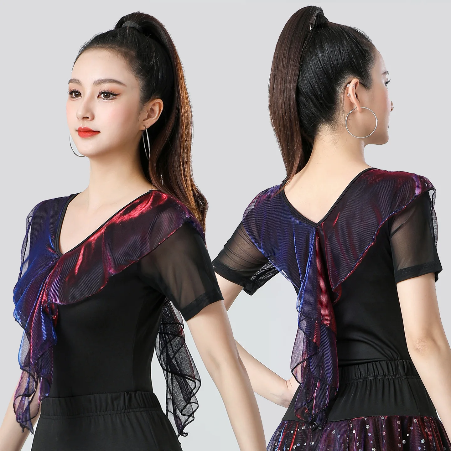 Wszechstronna i wygodna odzież do tańca latynoamerykańskiego Nowa damska letnia bluzka z krótkim rękawem Odzież do tańca towarzyskiego i tańca kwadratowego