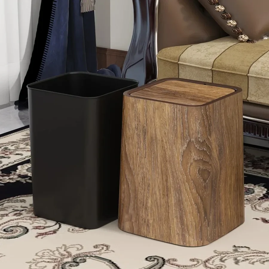 Square Shape Large Size PP Plastic Wooden Texture Trash Can Waste Bin for Bedroom Bathroom Household Cleaning Durable Lidded