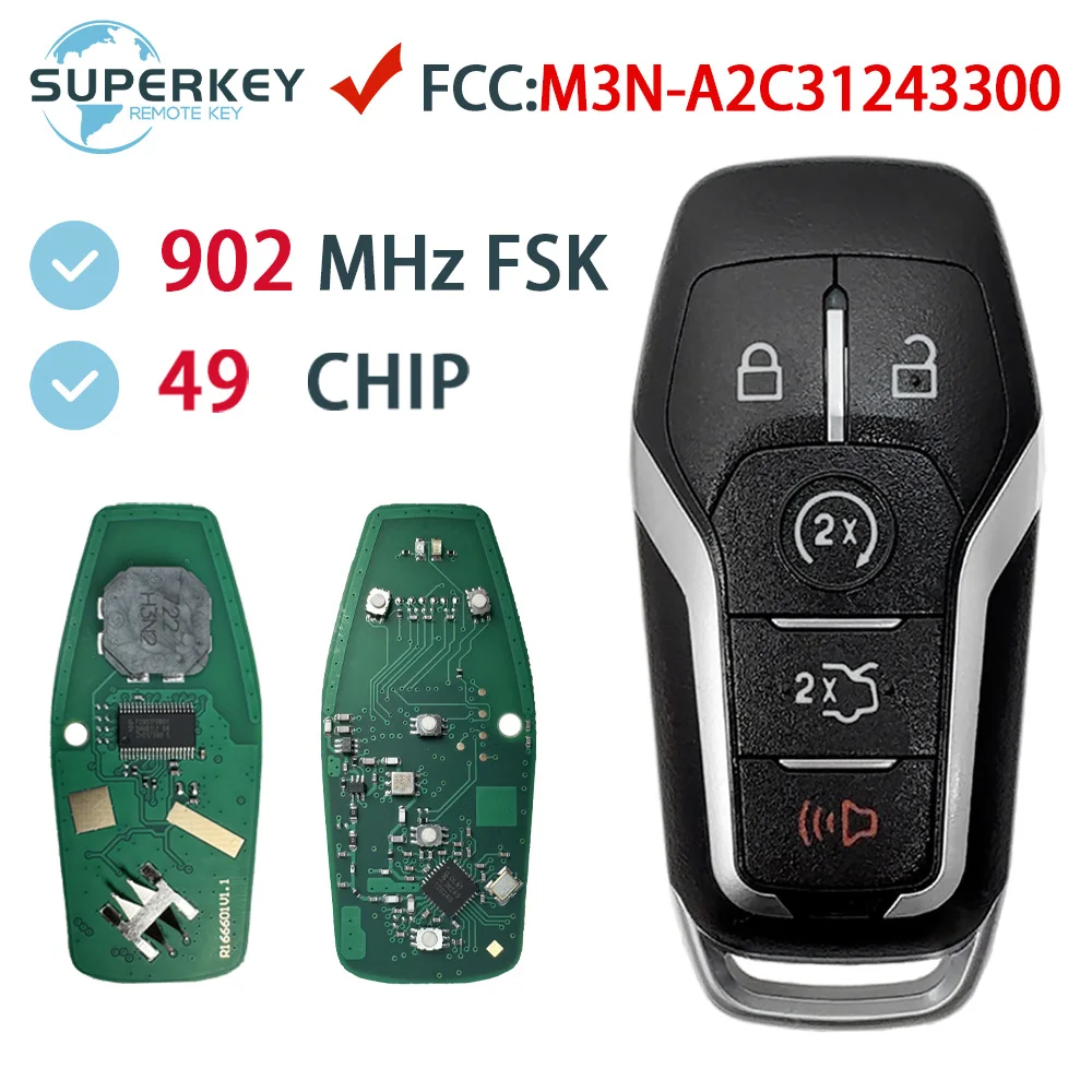 

902MHz FCC:M3N-A2C31243300 For Ford Fusion Explorer Edge Mustang 2013-2017 ID49 Keyless Go Remote Smart Car Key