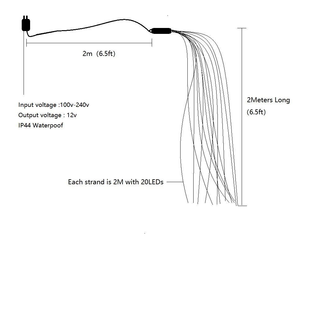 크리스마스 조명 커튼 스트링 라이트 폭포 야외 장식, 요정 LED 화환, 나무 정원 파티 휴일, 2M, 100-600LED