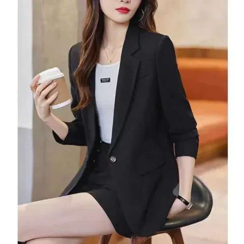 Ele Koreaanse Sle damespak Jaet Long Sve Commute Faion Pure kleur polyester materiaal Busin Lady Top