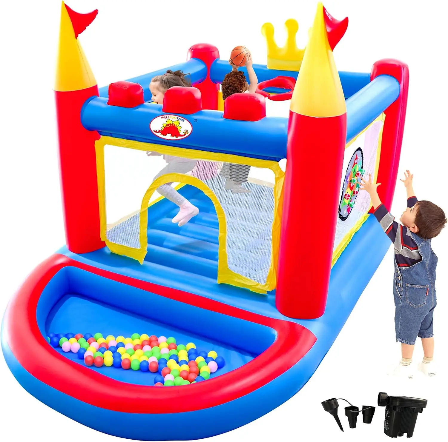 WELLFUNTIME Inflatable Bounce House with Blower, PVC Bouncer for Kids Ages 3-8, Indoor and Outdoor Bouncy Playhouse, Jumping Cas