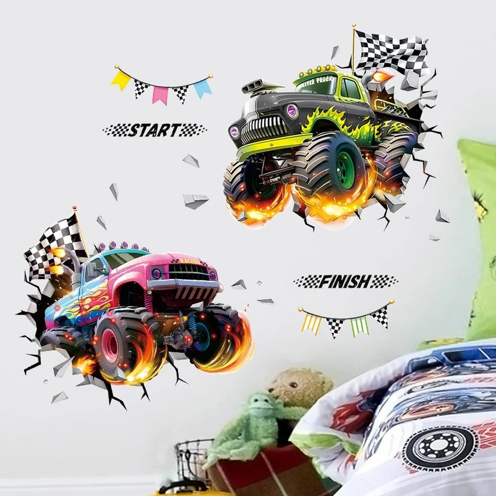 3D Breaking Wall Effect Stickers Featuring Race Cars and Trucks for Boys Room PVC Wall Decals Suitable for Temporary Room Decor