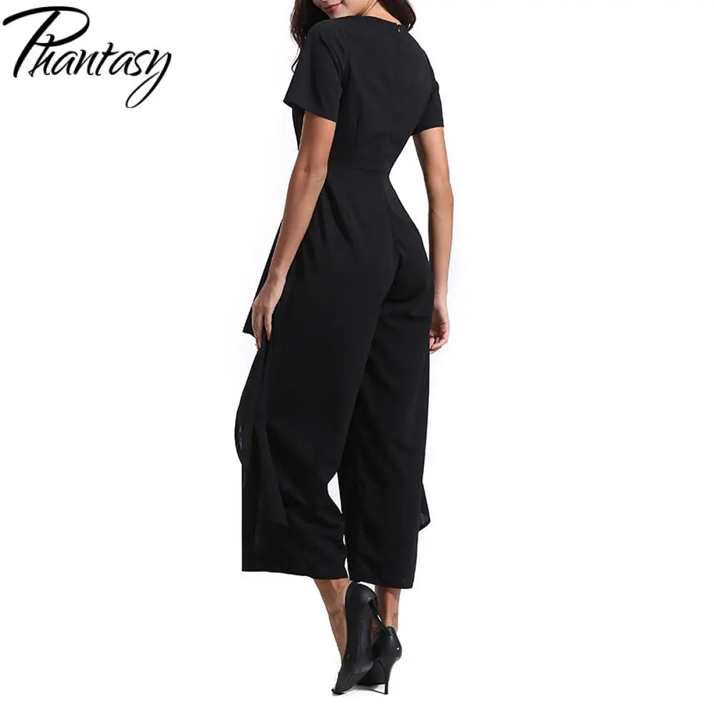 Phantasy Fashion Office Lady Jumpsuit Elegant Slim Wide Legs Jumpsuit Women Black Bodysuit Short Sleeve Romper Casual Streetwear