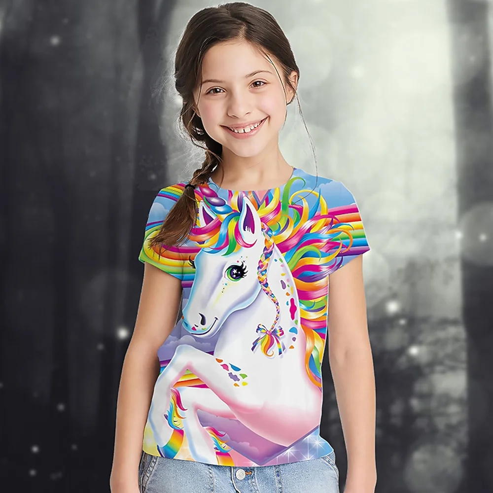 2024 Animal Cute Horse 3d Printed Fun Girls' T-Shirt Children's Clothing Top Tee Baby Girl T-Shirt Summer Casual Short Sleeve