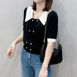 Women Korean Loose Double Breasted Pullovers Shirt 2023 Summer New Elegant Fashion Short Sleeve Polo Neck Casual Blouses Female